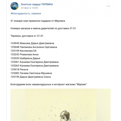 ПЕРЕДАЧА ПОДАРКОВ (23.01-04.02.2022) В ЧУ ЦПБЖ "Потеряшка" (Приюты "Теремок", "Пульт")