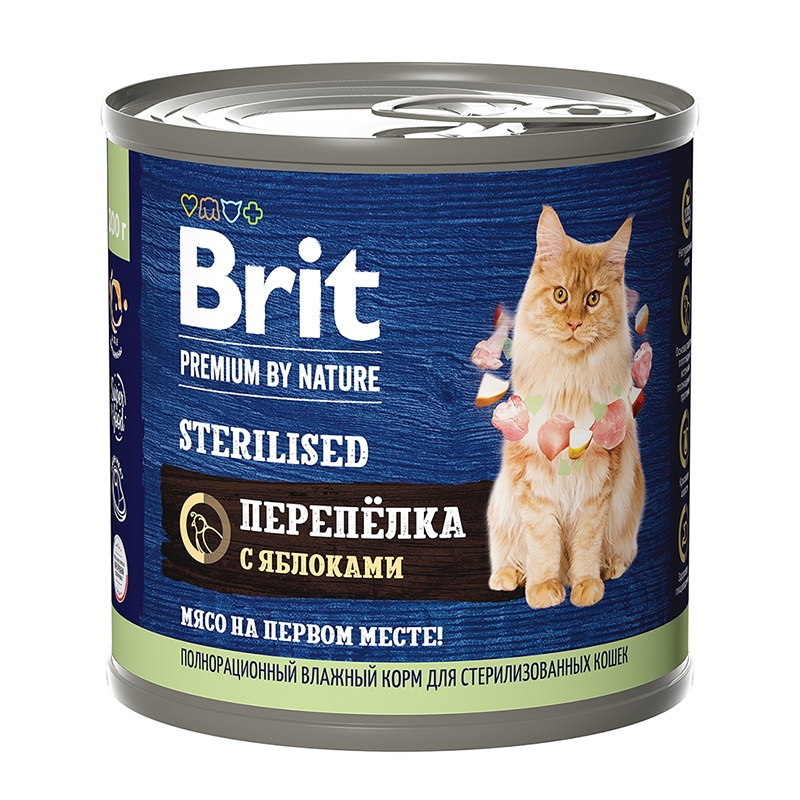 Brit Premium by Nature Брит консервы для стерилизованных кошек с мясом перепёлки и яблоками 200 г Brit Premium by Nature Брит консервы для стерилизованных кошек с мясом перепёлки и яблоками 200 г