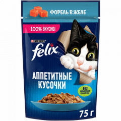Приют Право Жить. Felix Аппетитные Кусочки влажный корм для взрослых кошек всех пород, форель в желе  75г