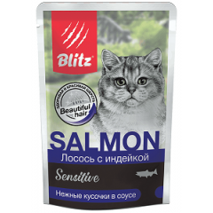 BLITZ Sensitive пауч для кошек "Лосось с индейкой" в соусе 85 гр