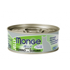 Влажный корм Monge jelly Adult cat для взрослых кошек с желтоперым тунцом и сурими, консервы 80 г