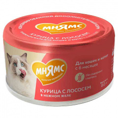 Приют Мурки Пулковской. Влажный корм Мнямс для кошек Курица с лососем в нежном желе 80 г