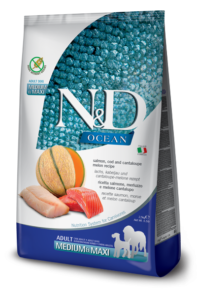 FARMINA N&D Ocean Dog Salmon, Cod And Cantaloupe Melon Adult Medium & Maxi - Фармина Беззерновой корм для собак средних и крупных пород с лососем, треской и дыней FARMINA N&D Ocean Dog Salmon, Cod And Cantaloupe Melon Adult Medium & Maxi - Фармина Беззерновой корм для собак средних и крупных пород с лососем, треской и дыней