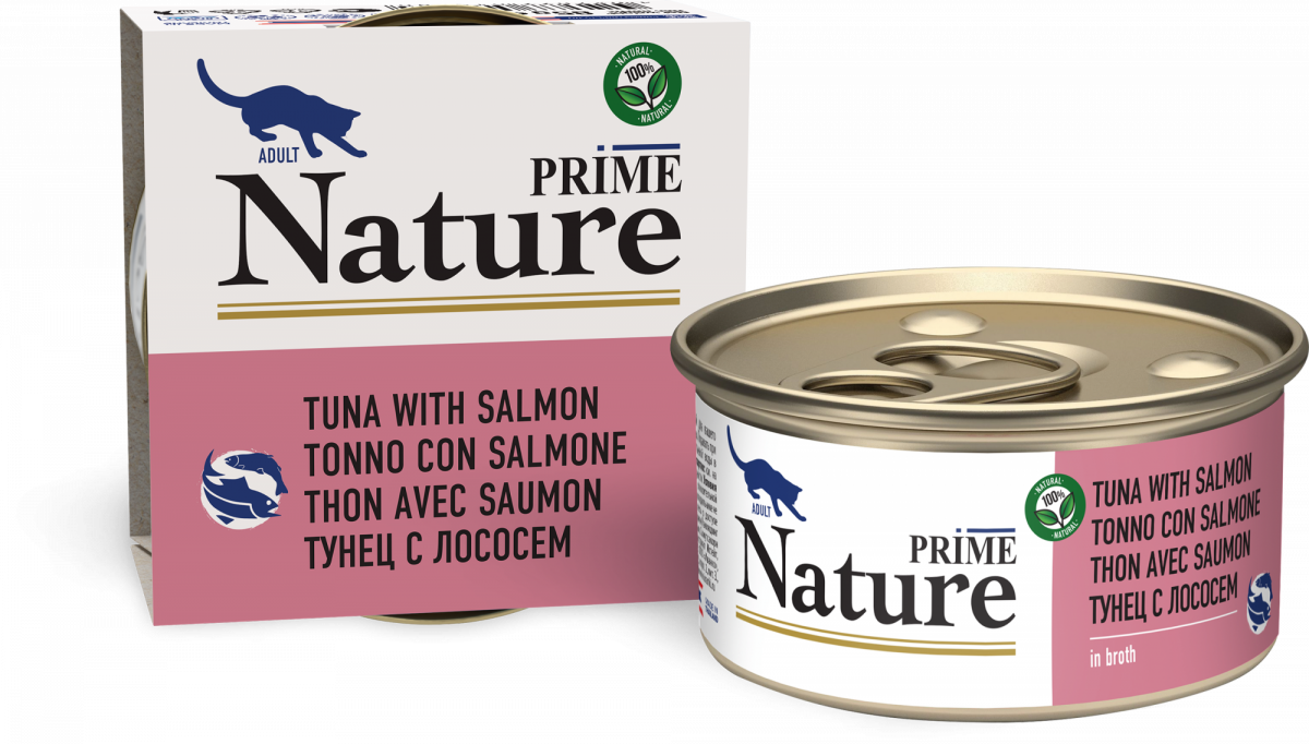 PRIME NATURE Прайм Нэйчер для кошек Тунец с лососем в бульоне 85 гр PRIME NATURE Прайм Нэйчер для кошек Тунец с лососем в бульоне 85 гр