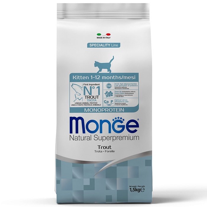Сухой корм Monge Cat Speciality Line Monoprotein для котят и беременных кошек, из форели Сухой корм Monge Cat Speciality Line Monoprotein для котят и беременных кошек, из форели