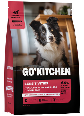 GO'KITCHEN Гоу Китчен полнорационный беззерновой сухой корм для щенков и собак всех возрастов с лососем и морской рыбой для чувствительного пищеварения GO'KITCHEN Гоу Китчен полнорационный беззерновой сухой корм для щенков и собак всех возрастов с лососем и морской рыбой для чувствительного пищеварения