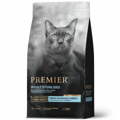 PREMIER STERILISED Salmon&Turkey - Премьер корм для стерилизованных кошек и кастрированных котов от 1 года с чувствительной кожей и шерстью или склонных к аллергии или пожилых кошек с лососем и индейкой