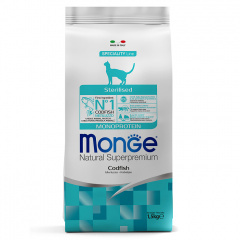 Сухой корм Monge Cat Speciality Line Monoprotein Sterilised для стерилизованных кошек, из трески Сухой корм Monge Cat Speciality Line Monoprotein Sterilised для стерилизованных кошек, из трески