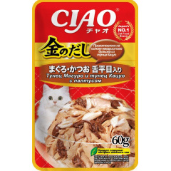 Влажный корм для кошек Ciao Kinnodashi Тунец Магуро и тунец Кацуо с палтусом 60г Влажный корм для кошек Ciao Kinnodashi Тунец Магуро и тунец Кацуо с палтусом 60г