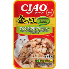 Влажный корм для кошек Ciao Kinnodashi Тунец Магуро и тунец Кацуо с семгой 60г Влажный корм для кошек Ciao Kinnodashi Тунец Магуро и тунец Кацуо с семгой 60г