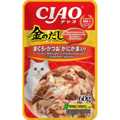 Влажный корм для кошек Ciao Kinnodashi Тунец Магуро и тунец Кацуо с крабом сурими 60г Влажный корм для кошек Ciao Kinnodashi Тунец Магуро и тунец Кацуо с крабом сурими 60г